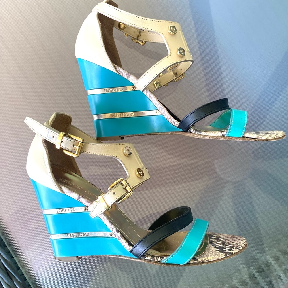 🇮🇹Loretta Pettinari, Italy 38. Turquoise Blue & Cream Strappy Wedge Sandals. 38 - Picture 3 of 16